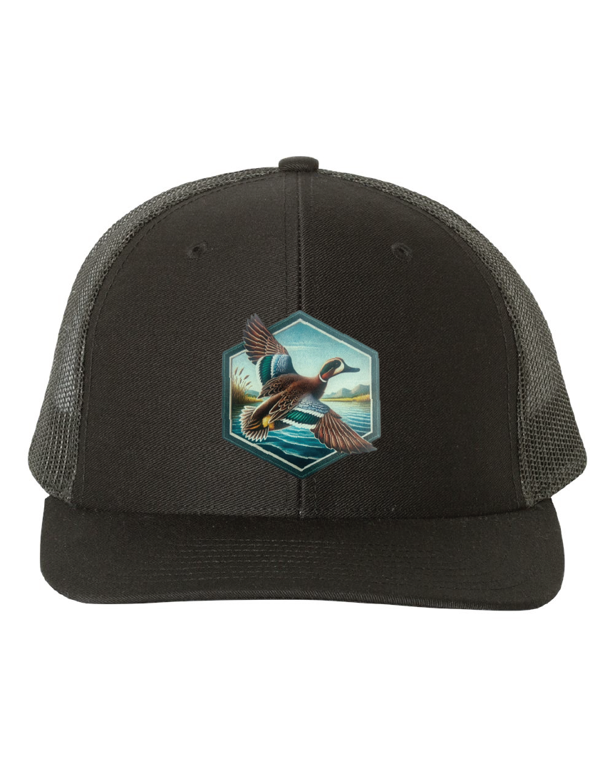 Green Wing Teal Hexagon Patch on a Richardson 112 Trucker Hat