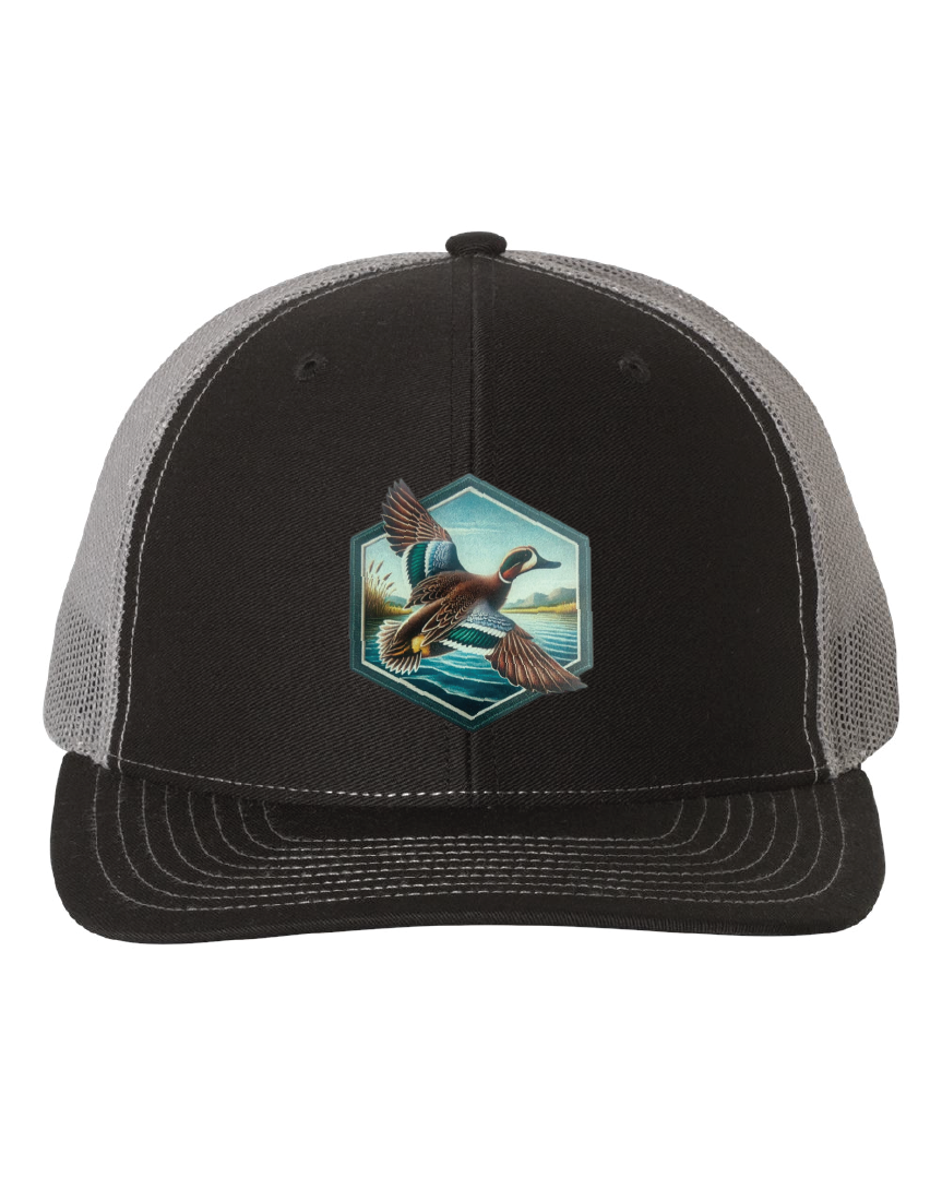 Green Wing Teal Hexagon Patch on a Richardson 112 Trucker Hat