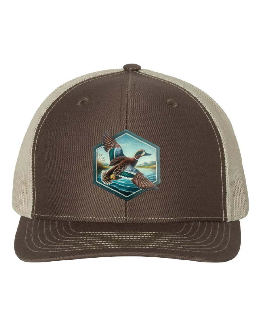 Green Wing Teal Hexagon Patch on a Richardson 112 Trucker Hat