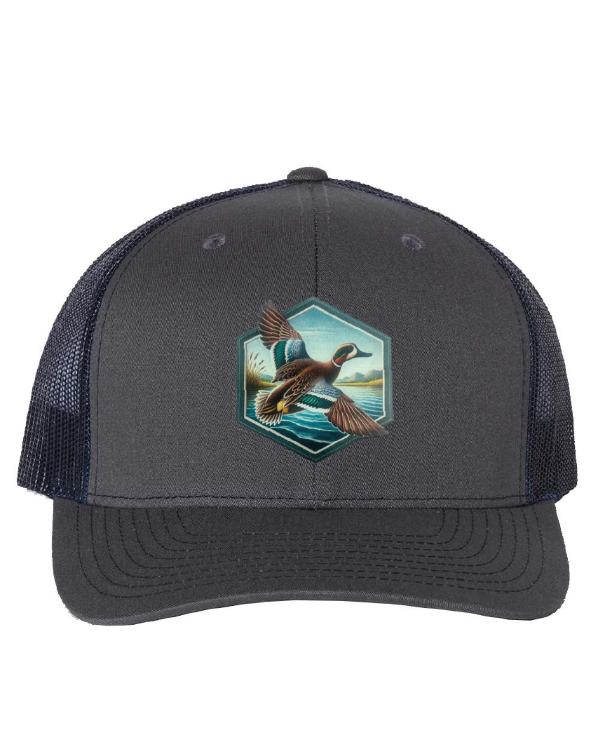 Green Wing Teal Hexagon Patch on a Richardson 112 Trucker Hat