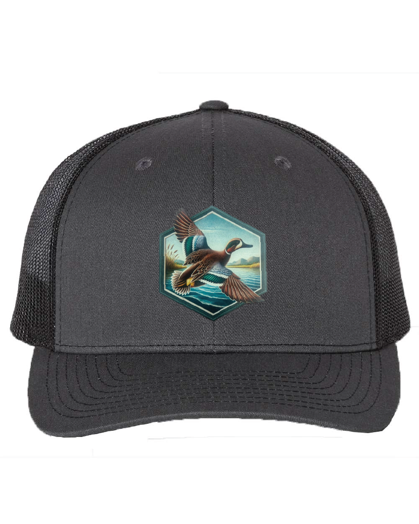 Green Wing Teal Hexagon Patch on a Richardson 112 Trucker Hat