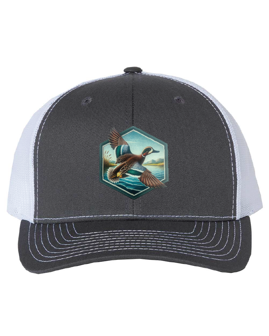 Green Wing Teal Hexagon Patch on a Richardson 112 Trucker Hat