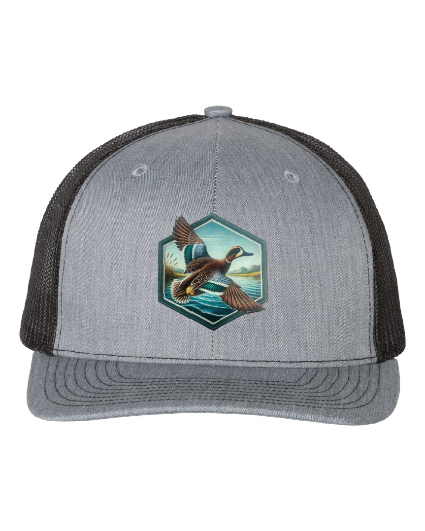 Green Wing Teal Hexagon Patch on a Richardson 112 Trucker Hat