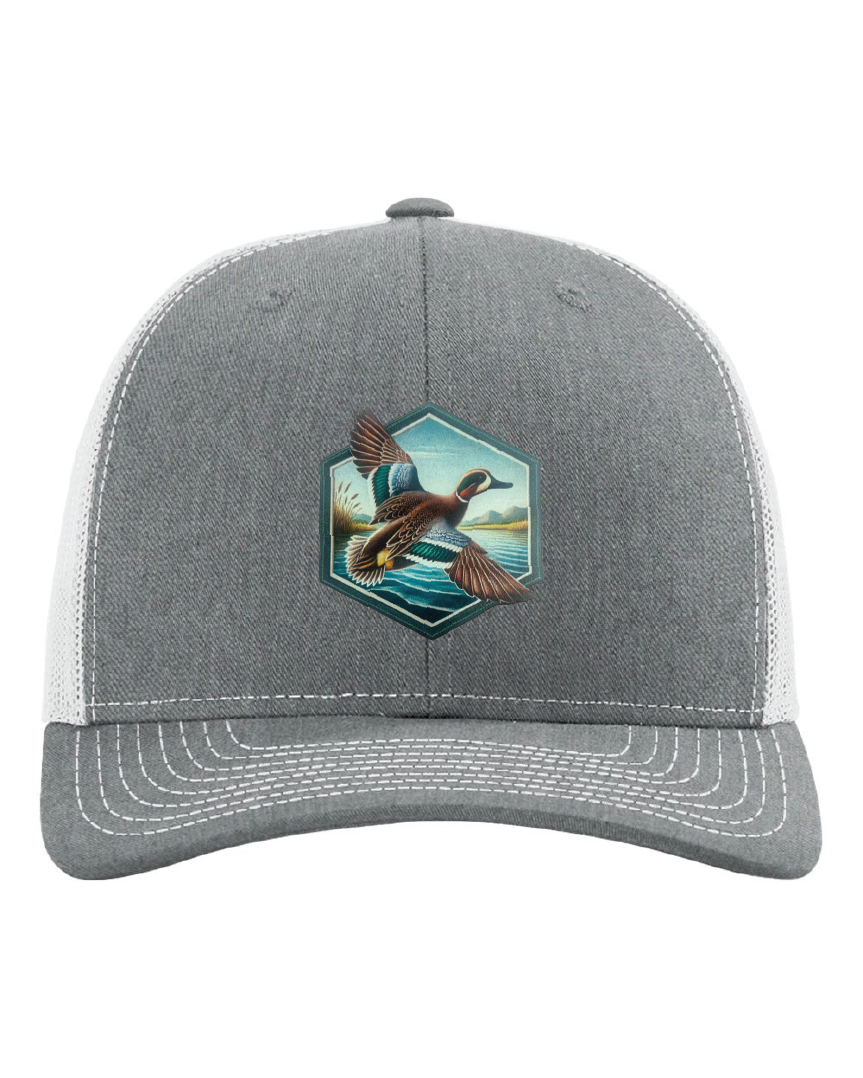 Green Wing Teal Hexagon Patch on a Richardson 112 Trucker Hat