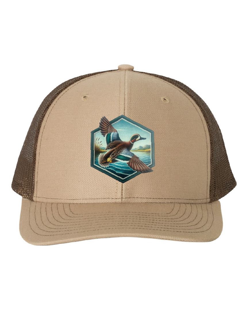 Green Wing Teal Hexagon Patch on a Richardson 112 Trucker Hat