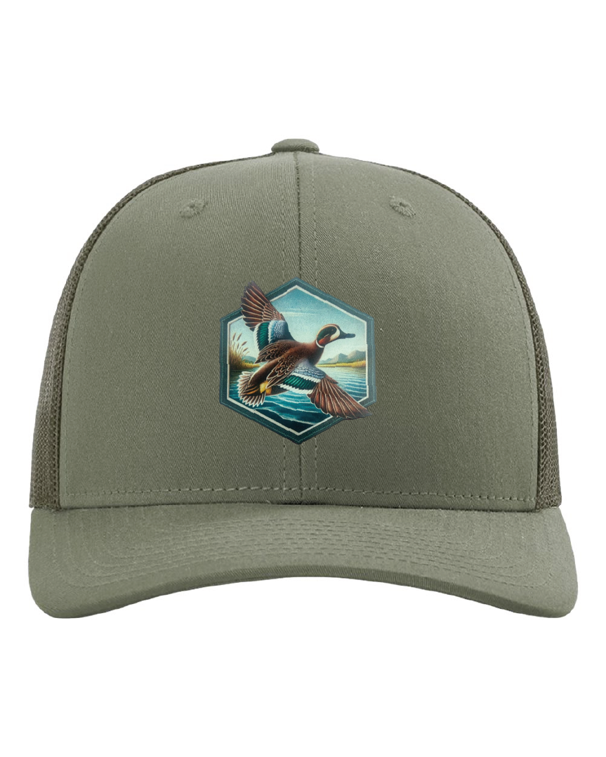 Green Wing Teal Hexagon Patch on a Richardson 112 Trucker Hat