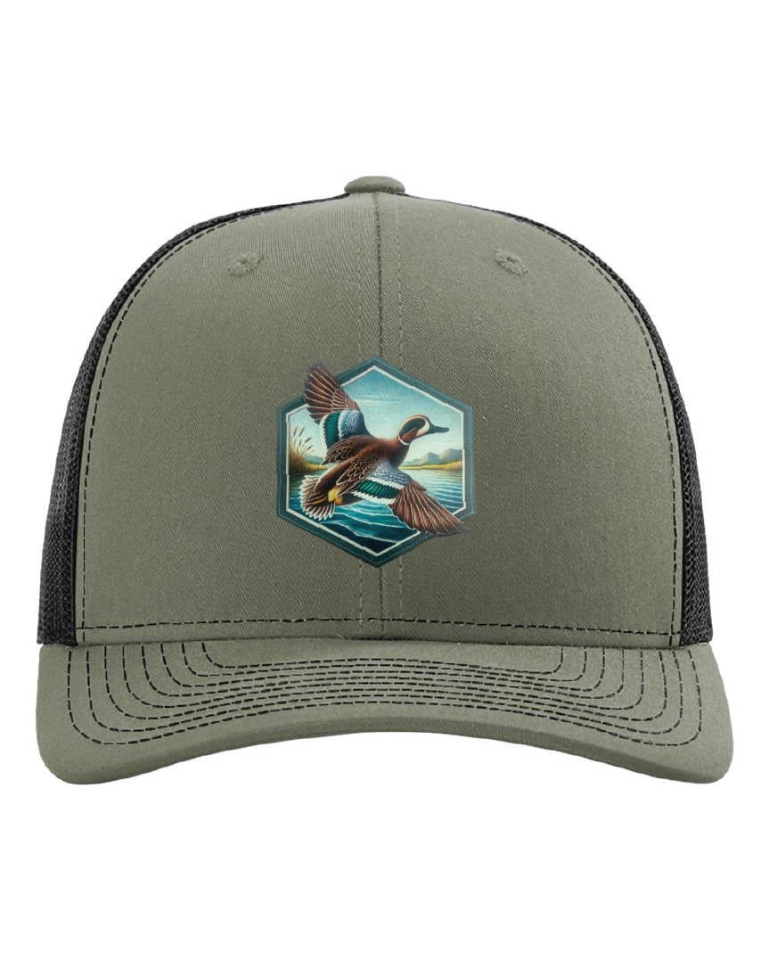 Green Wing Teal Hexagon Patch on a Richardson 112 Trucker Hat