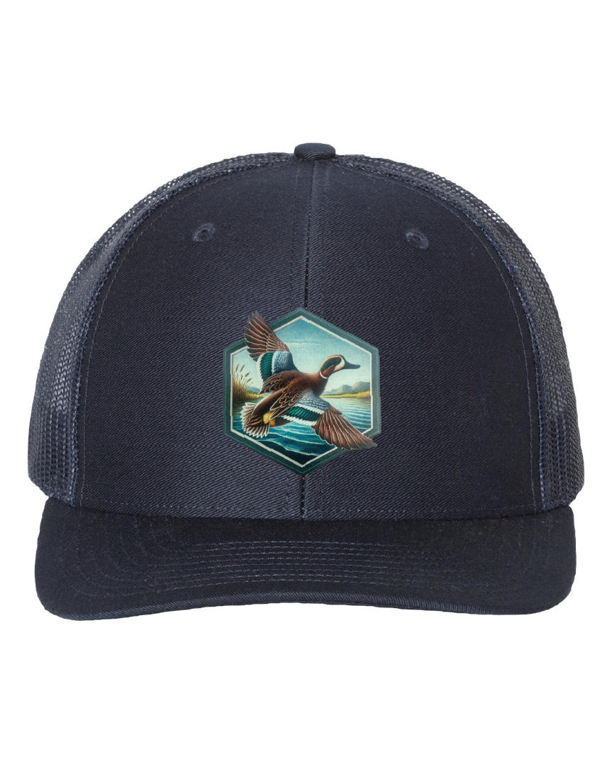 Green Wing Teal Hexagon Patch on a Richardson 112 Trucker Hat