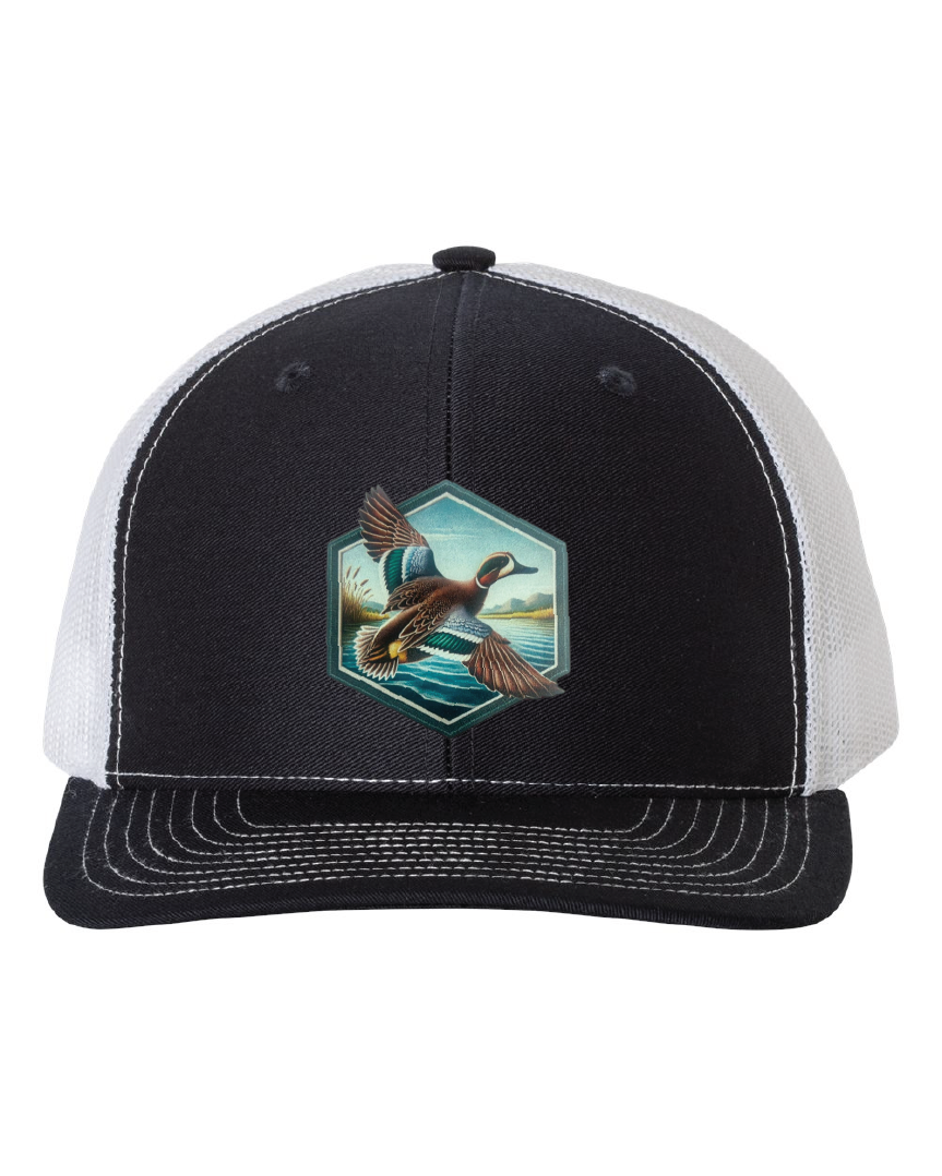 Green Wing Teal Hexagon Patch on a Richardson 112 Trucker Hat