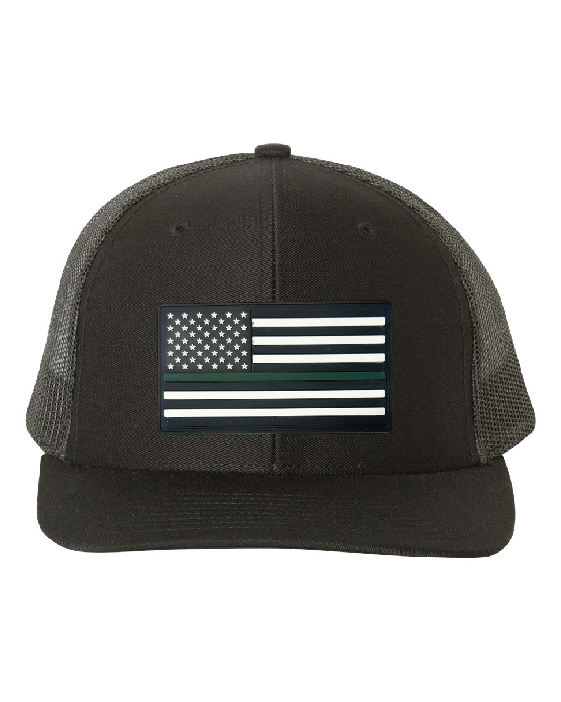 USA Flag Green Line PVC Patch on a Richardson 112 Trucker Hat