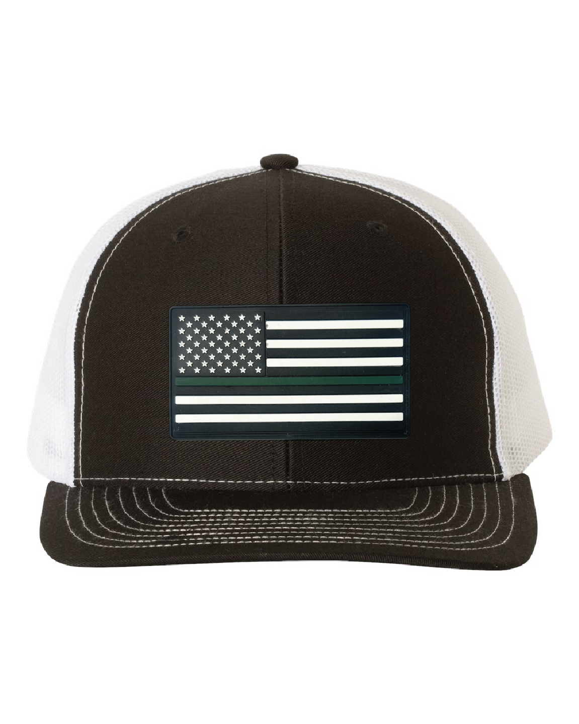 USA Flag Green Line PVC Patch on a Richardson 112 Trucker Hat