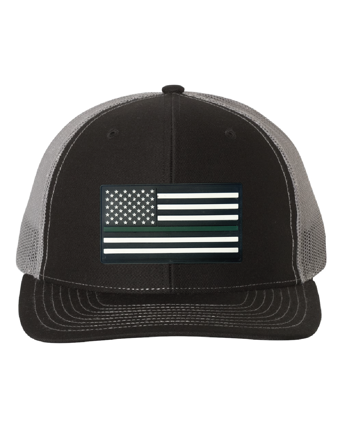 USA Flag Green Line PVC Patch on a Richardson 112 Trucker Hat