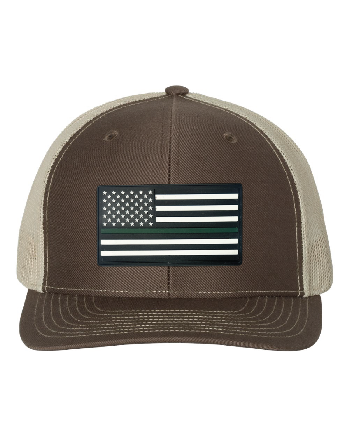 USA Flag Green Line PVC Patch on a Richardson 112 Trucker Hat