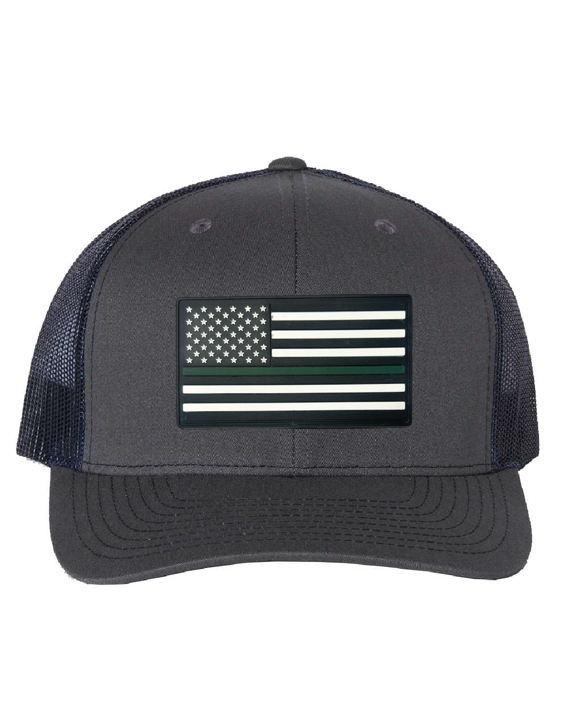 USA Flag Green Line PVC Patch on a Richardson 112 Trucker Hat