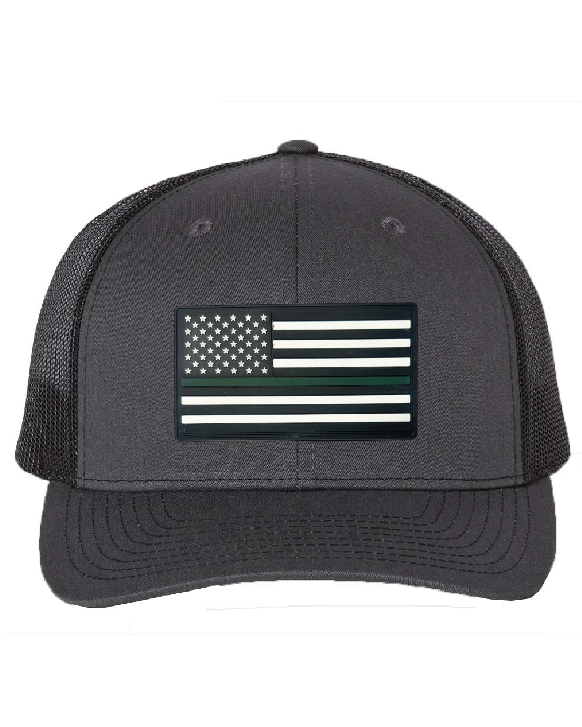 USA Flag Green Line PVC Patch on a Richardson 112 Trucker Hat