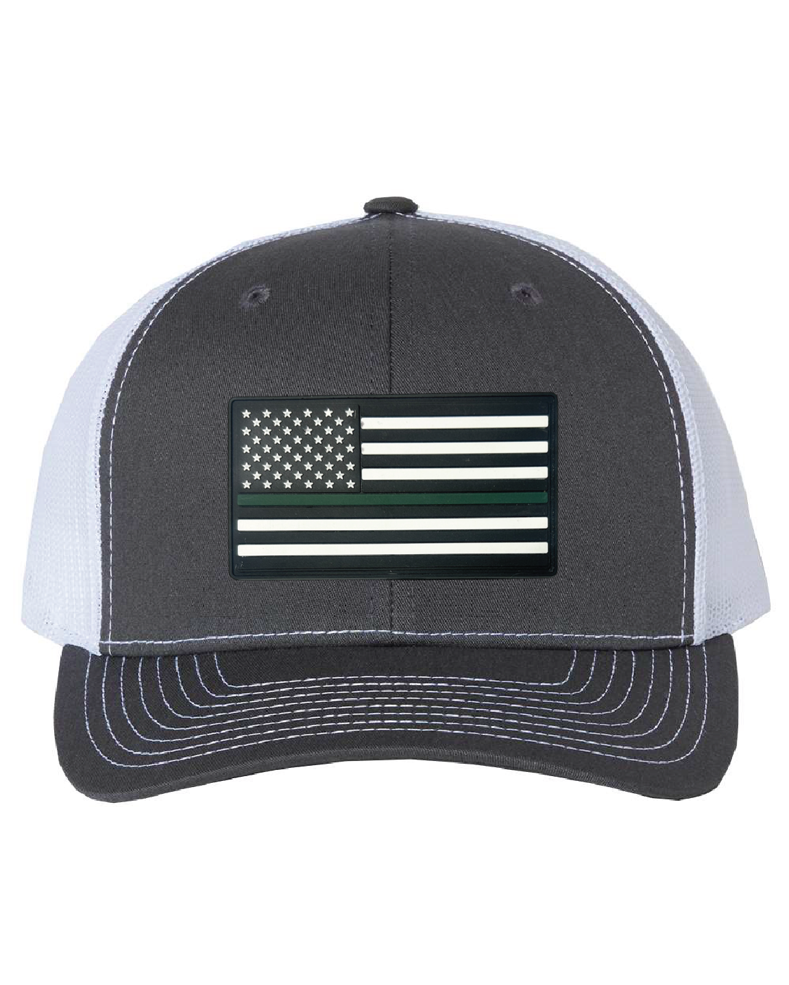 USA Flag Green Line PVC Patch on a Richardson 112 Trucker Hat