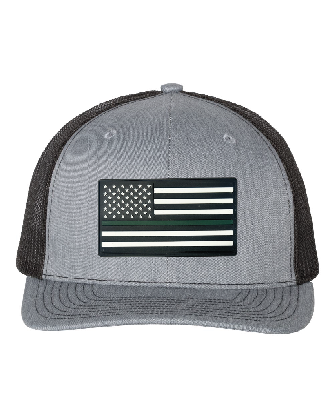 USA Flag Green Line PVC Patch on a Richardson 112 Trucker Hat