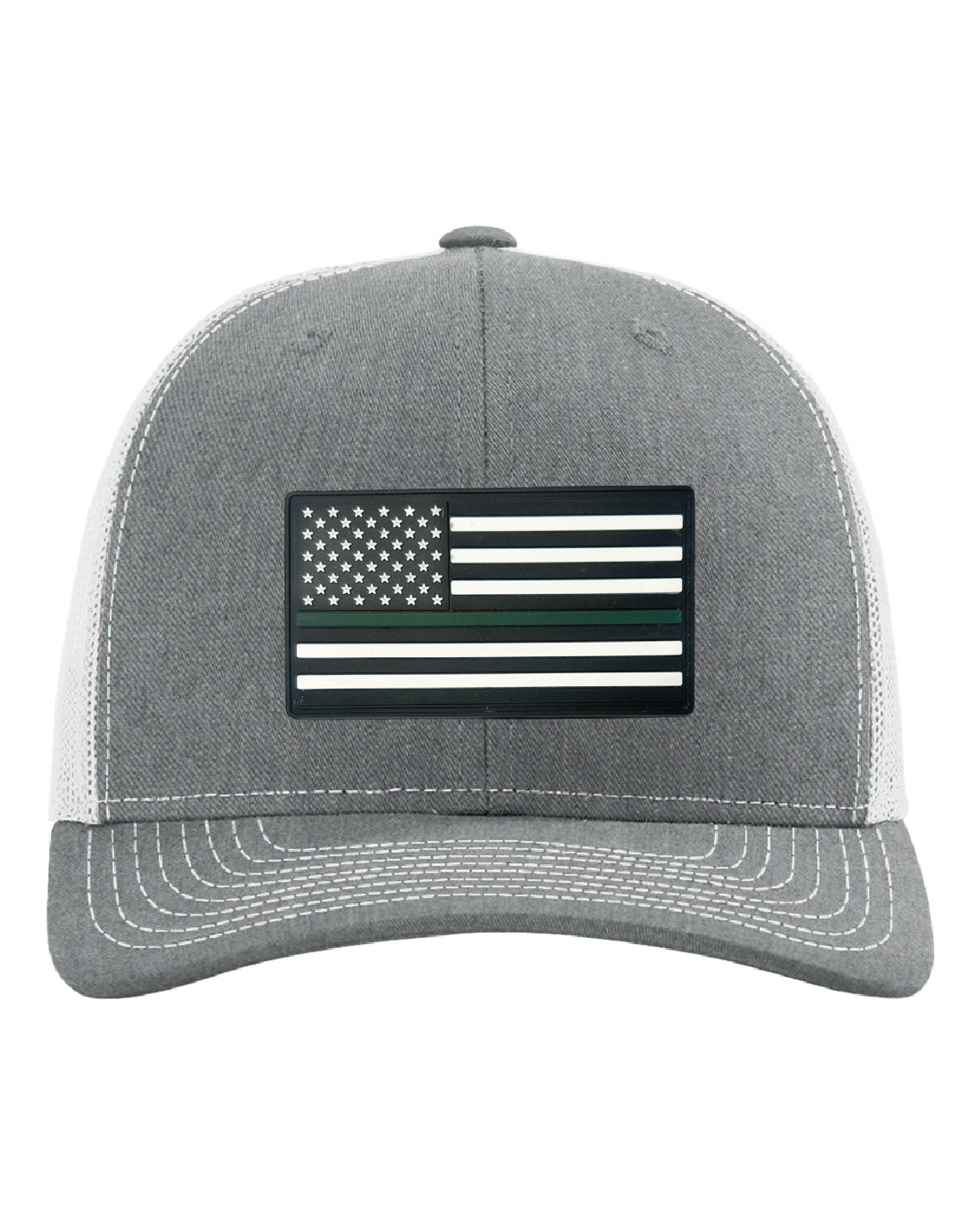 USA Flag Green Line PVC Patch on a Richardson 112 Trucker Hat