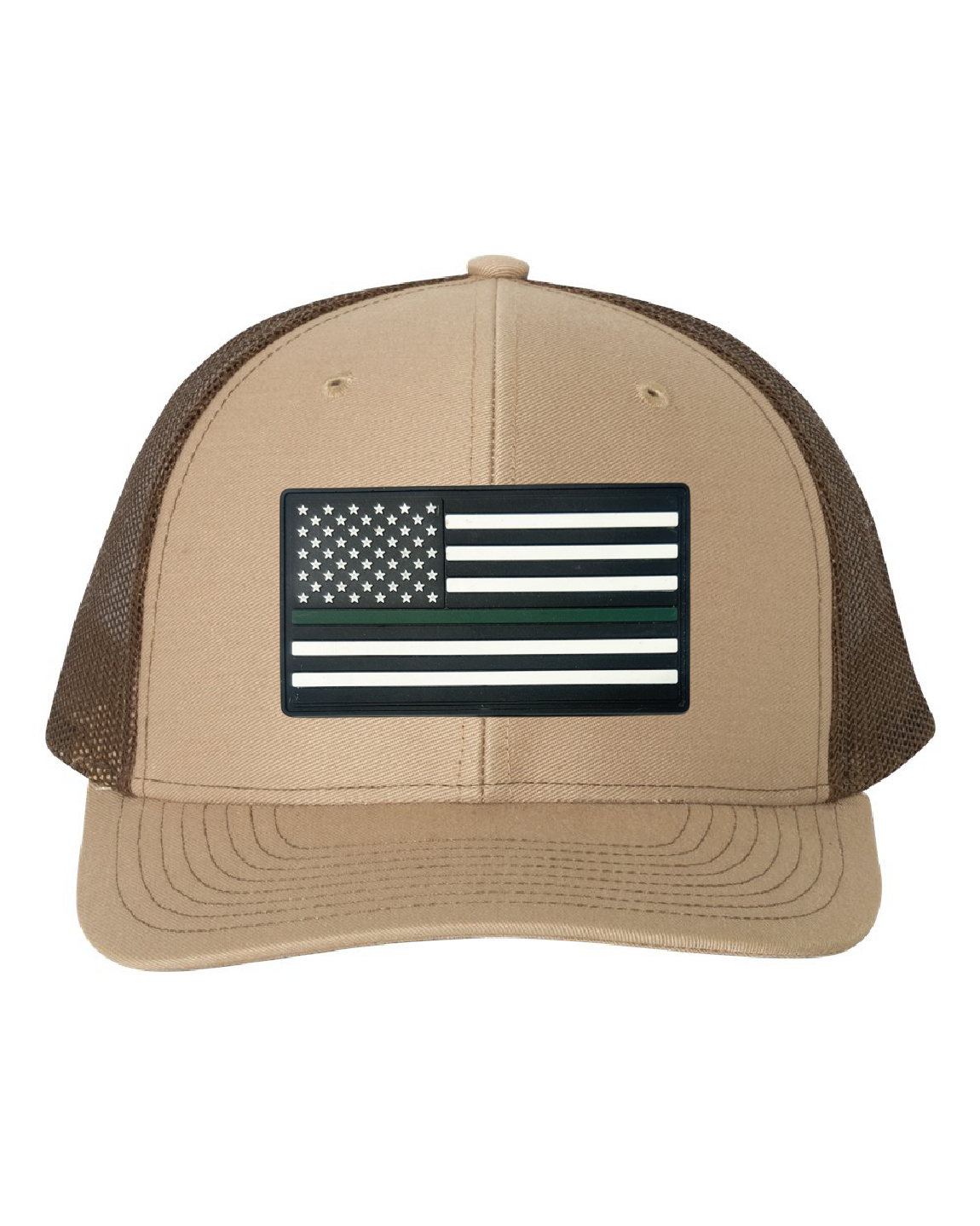 USA Flag Green Line PVC Patch on a Richardson 112 Trucker Hat