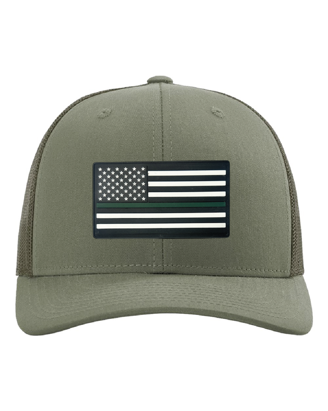 USA Flag Green Line PVC Patch on a Richardson 112 Trucker Hat