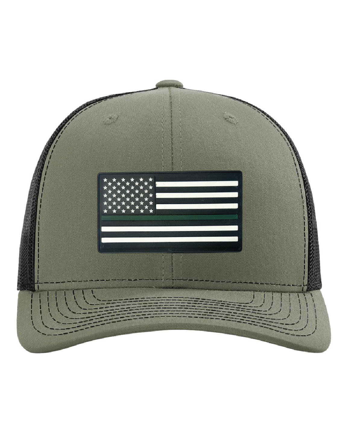 USA Flag Green Line PVC Patch on a Richardson 112 Trucker Hat