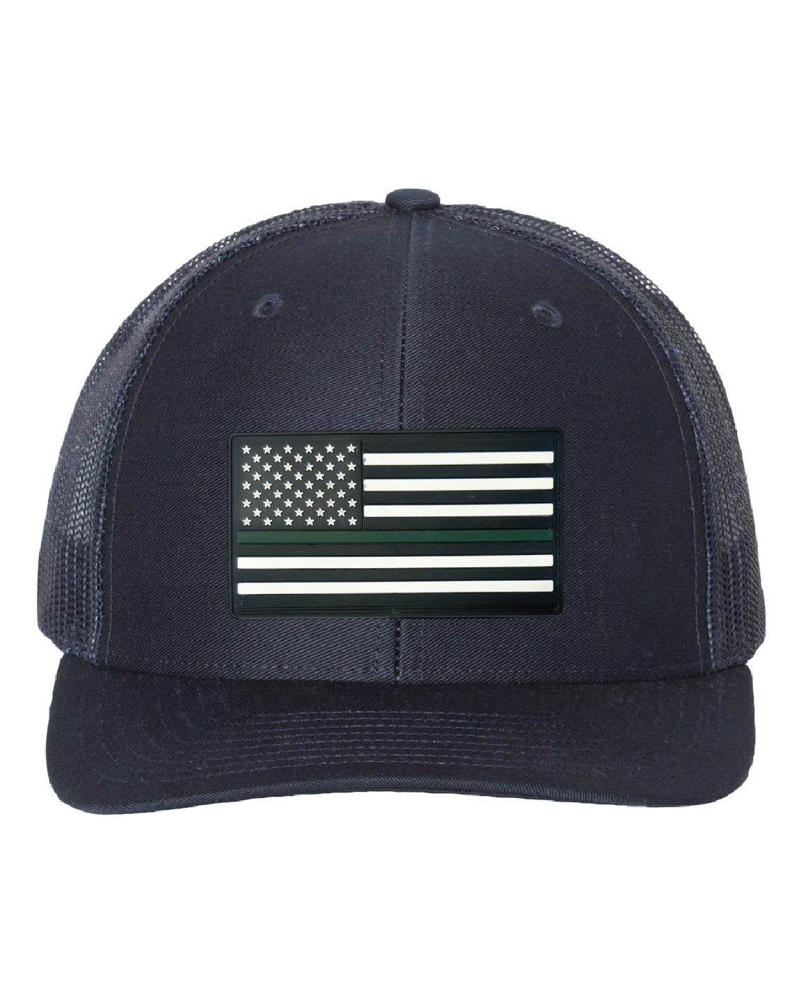 USA Flag Green Line PVC Patch on a Richardson 112 Trucker Hat
