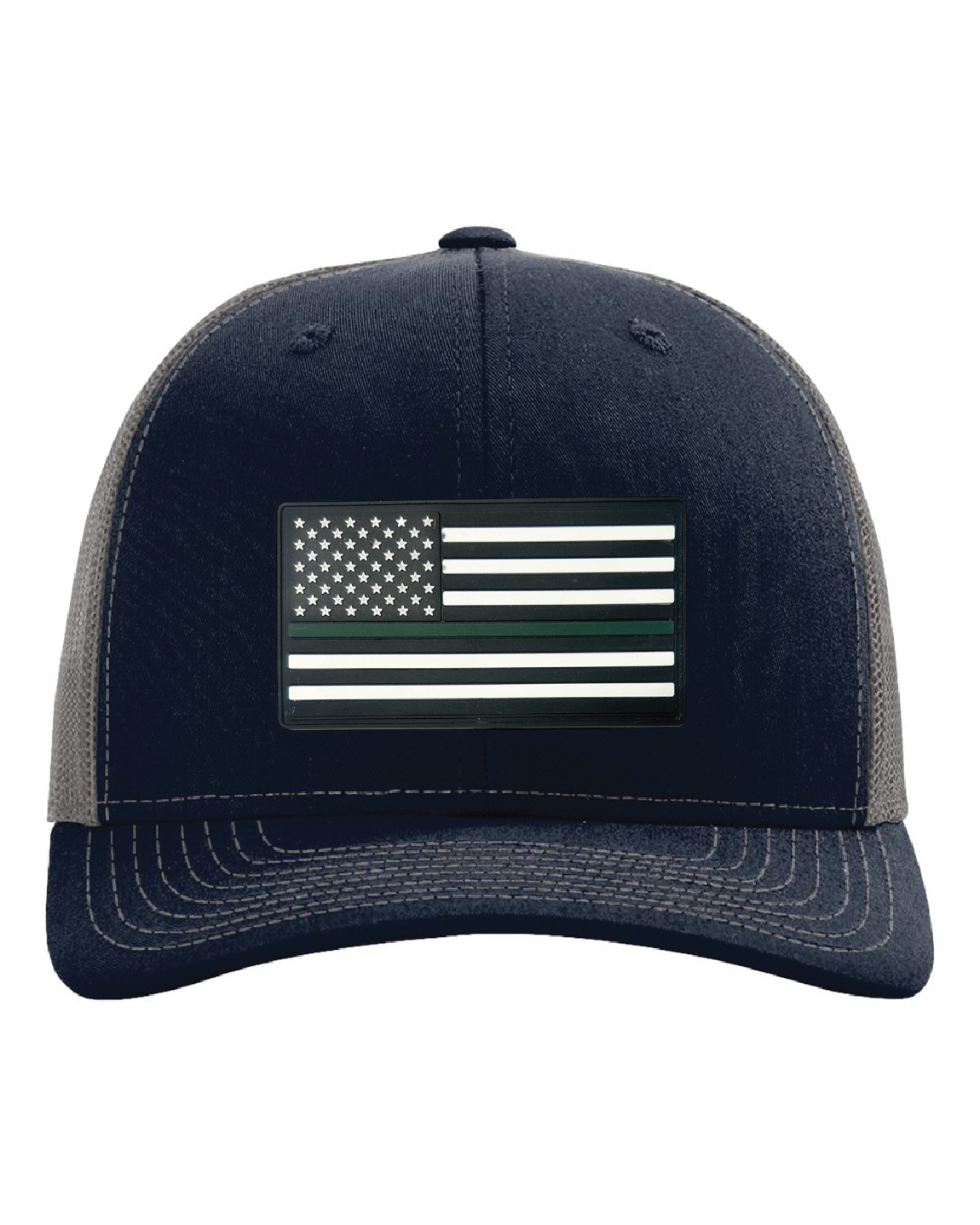 USA Flag Green Line PVC Patch on a Richardson 112 Trucker Hat