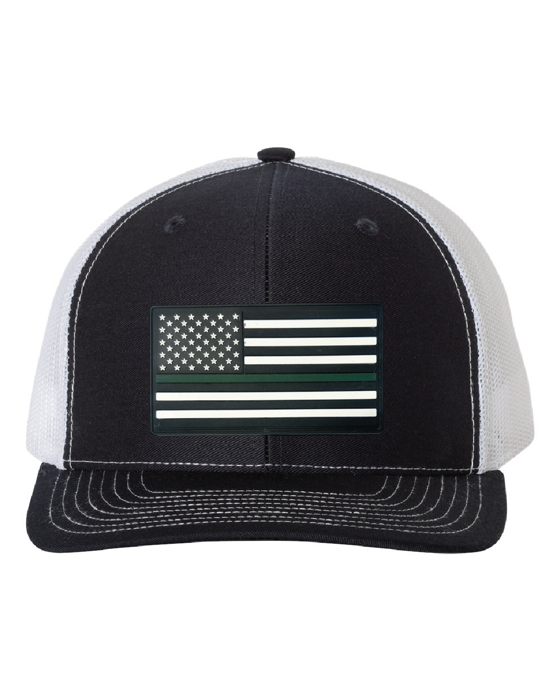 USA Flag Green Line PVC Patch on a Richardson 112 Trucker Hat