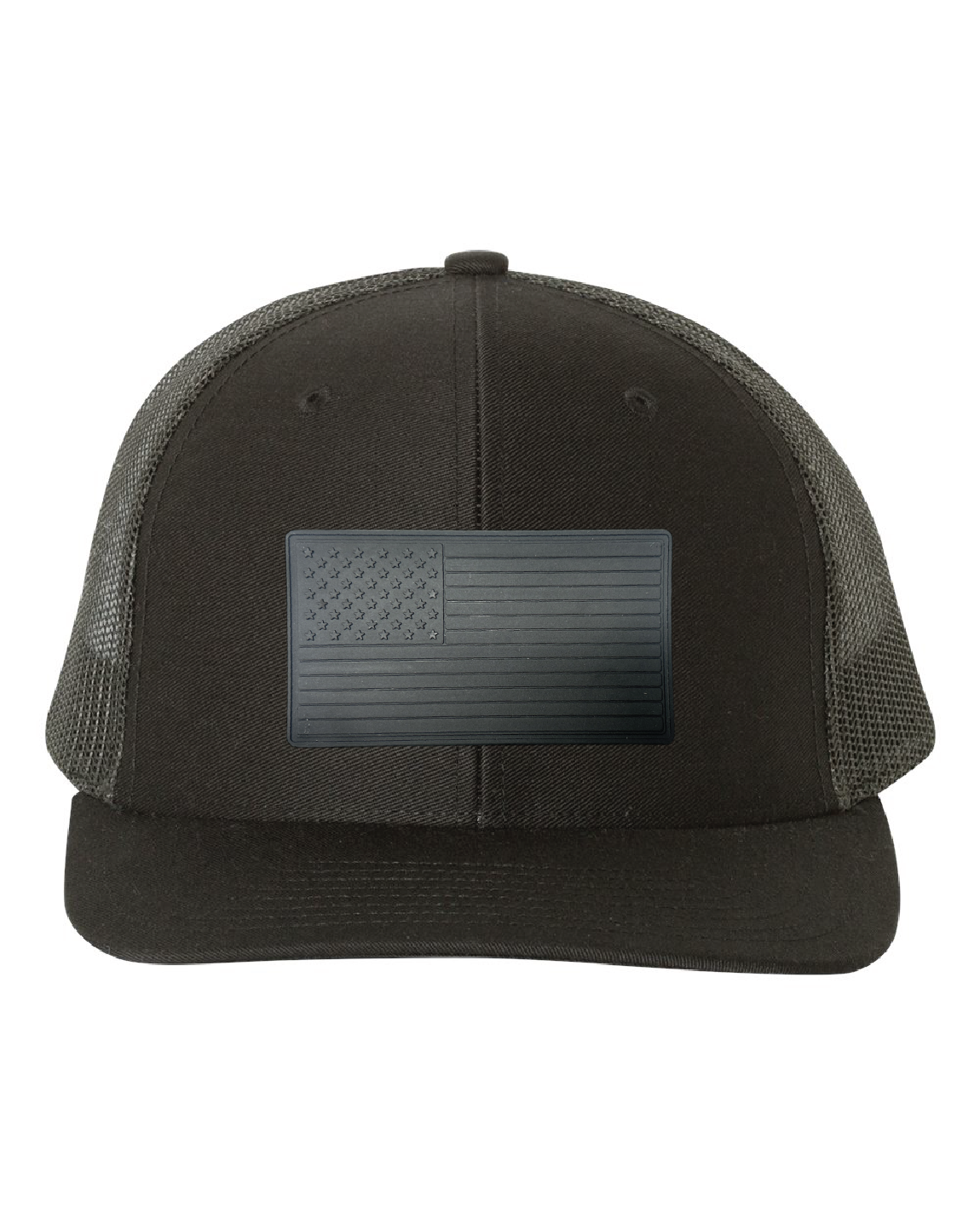 USA Flag Black PVC Patch on a Richardson 112 Trucker Hat