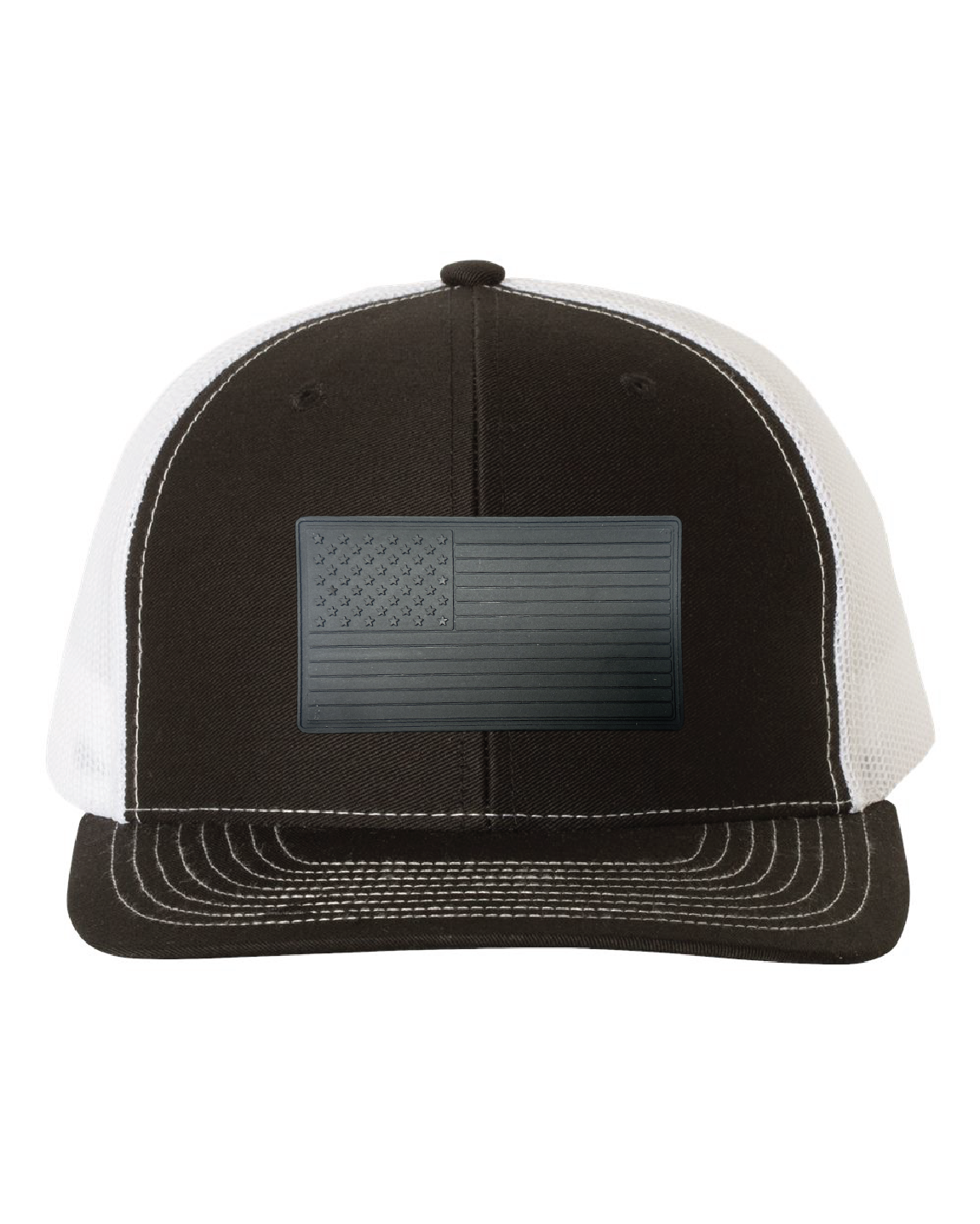 USA Flag Black PVC Patch on a Richardson 112 Trucker Hat
