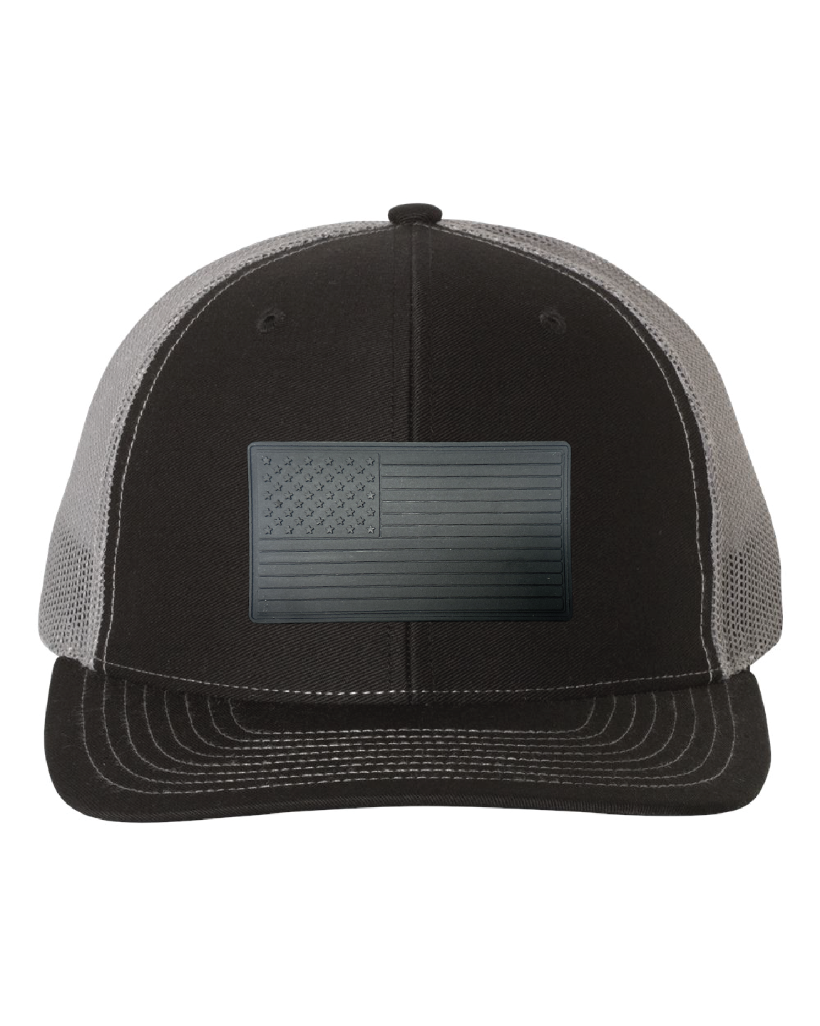 USA Flag Black PVC Patch on a Richardson 112 Trucker Hat