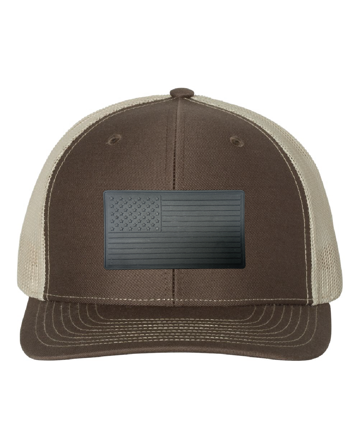 USA Flag Black PVC Patch on a Richardson 112 Trucker Hat