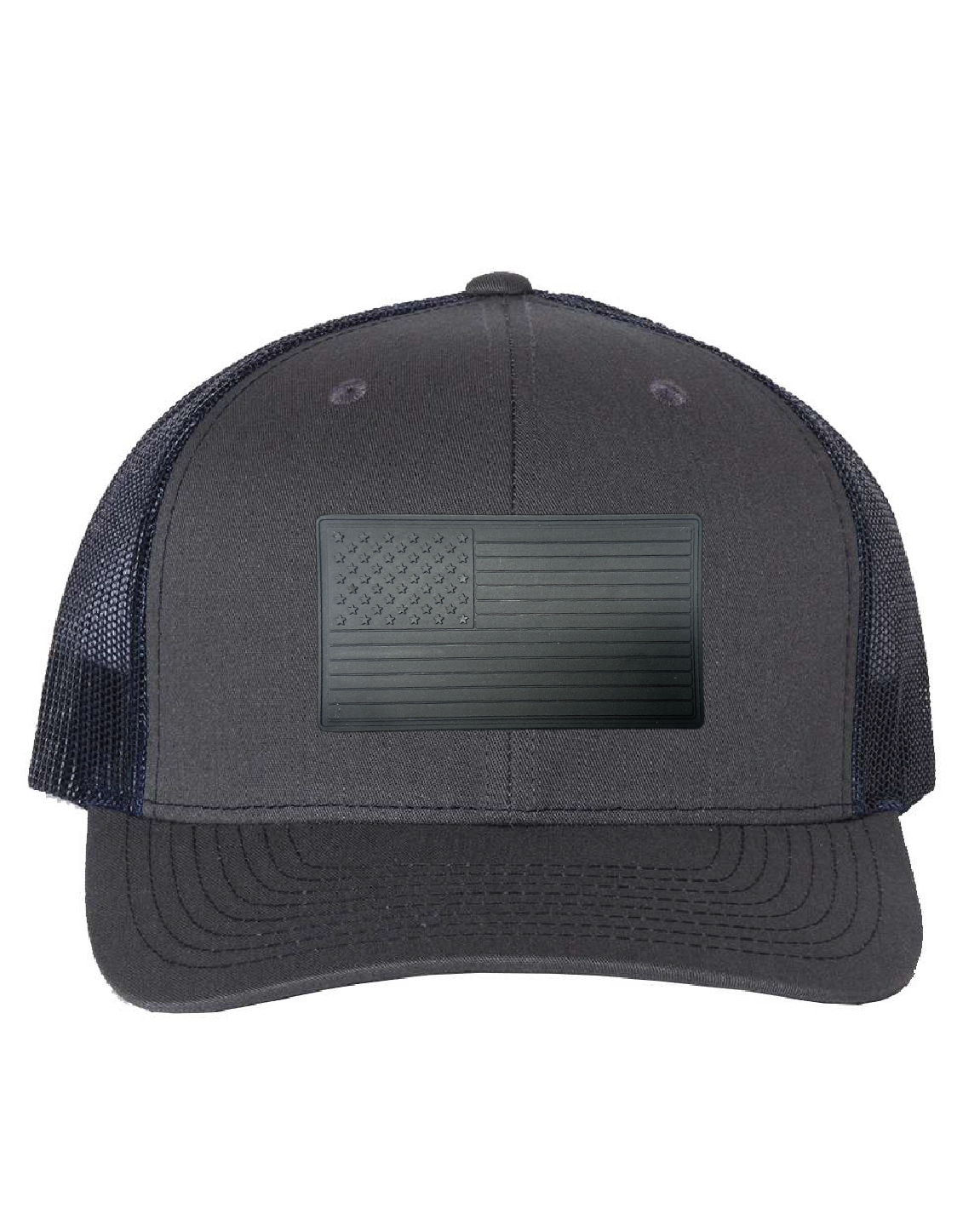 USA Flag Black PVC Patch on a Richardson 112 Trucker Hat