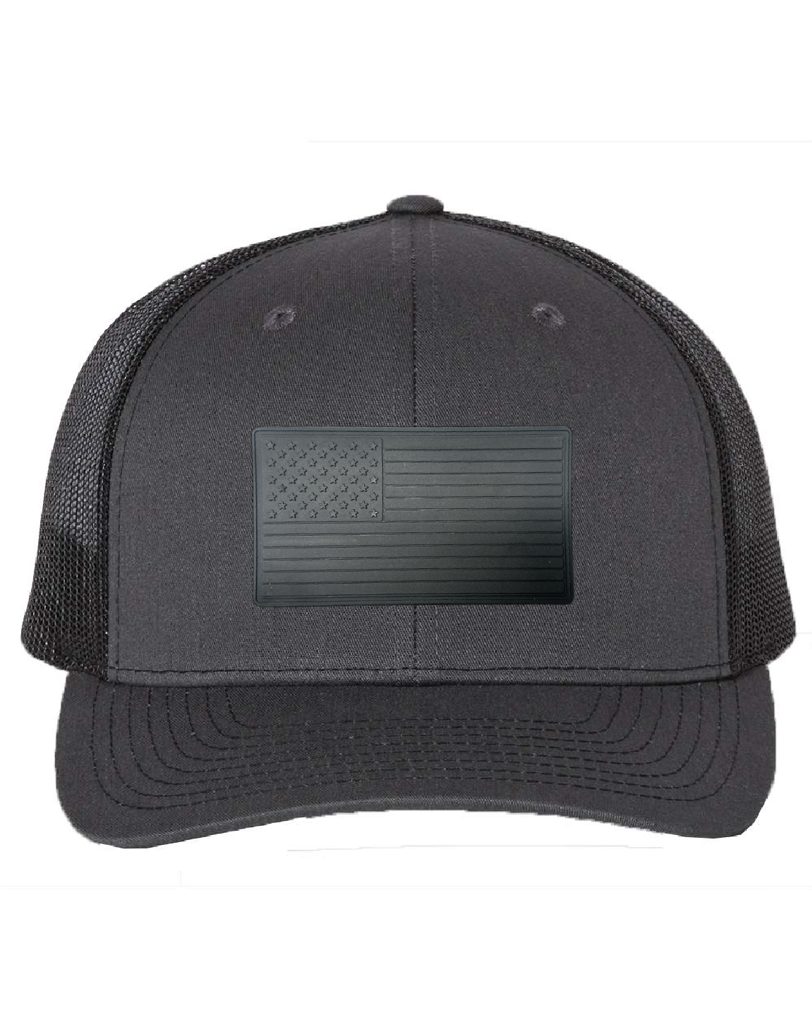 USA Flag Black PVC Patch on a Richardson 112 Trucker Hat