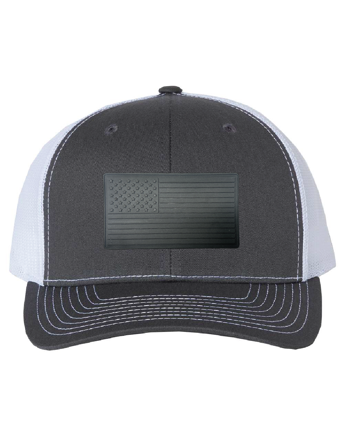 USA Flag Black PVC Patch on a Richardson 112 Trucker Hat