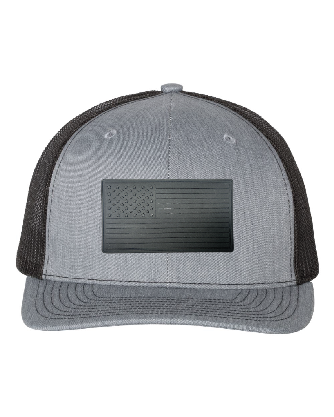 USA Flag Black PVC Patch on a Richardson 112 Trucker Hat