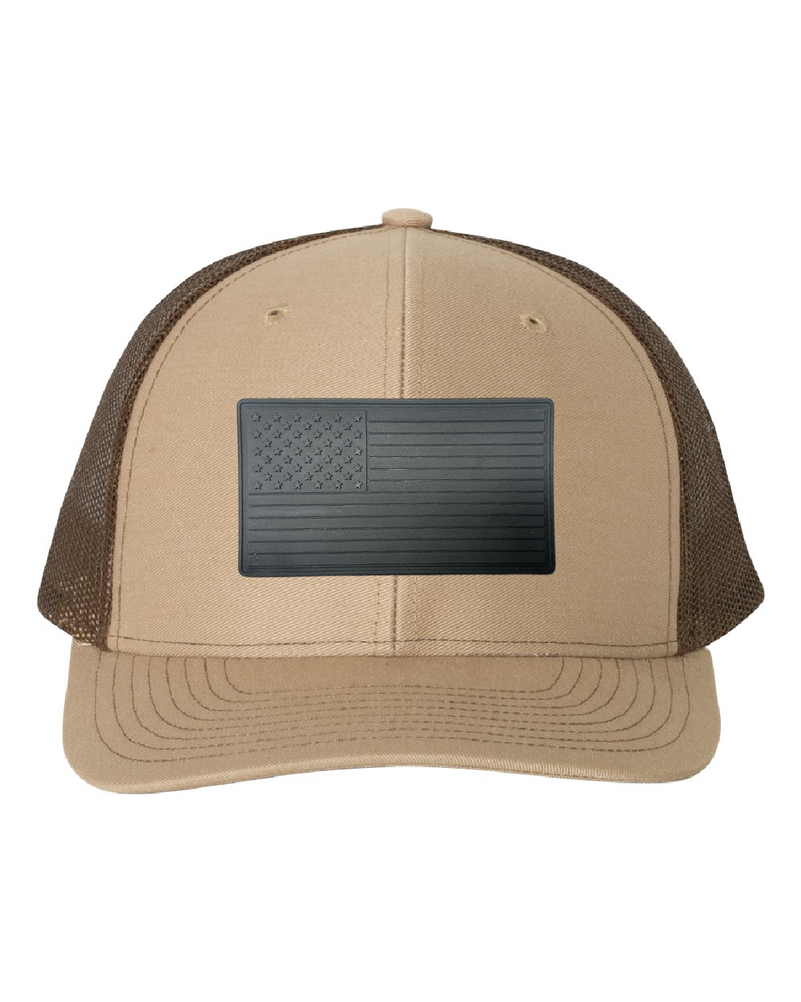 USA Flag Black PVC Patch on a Richardson 112 Trucker Hat