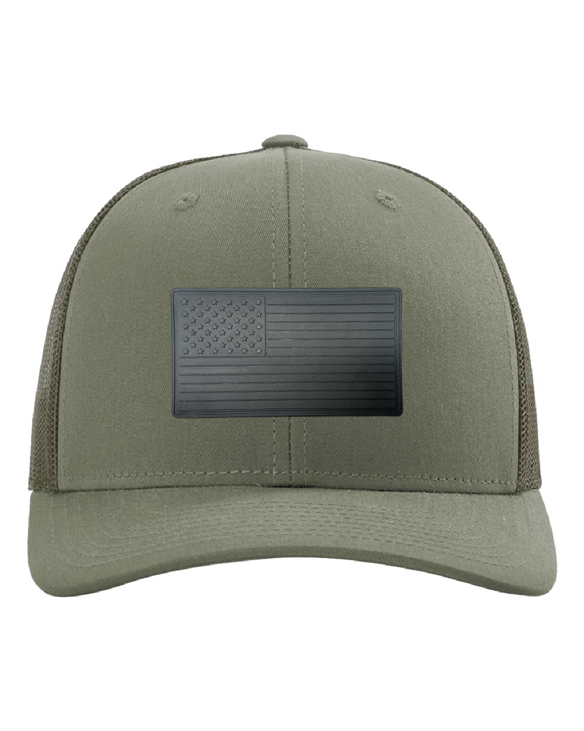USA Flag Black PVC Patch on a Richardson 112 Trucker Hat