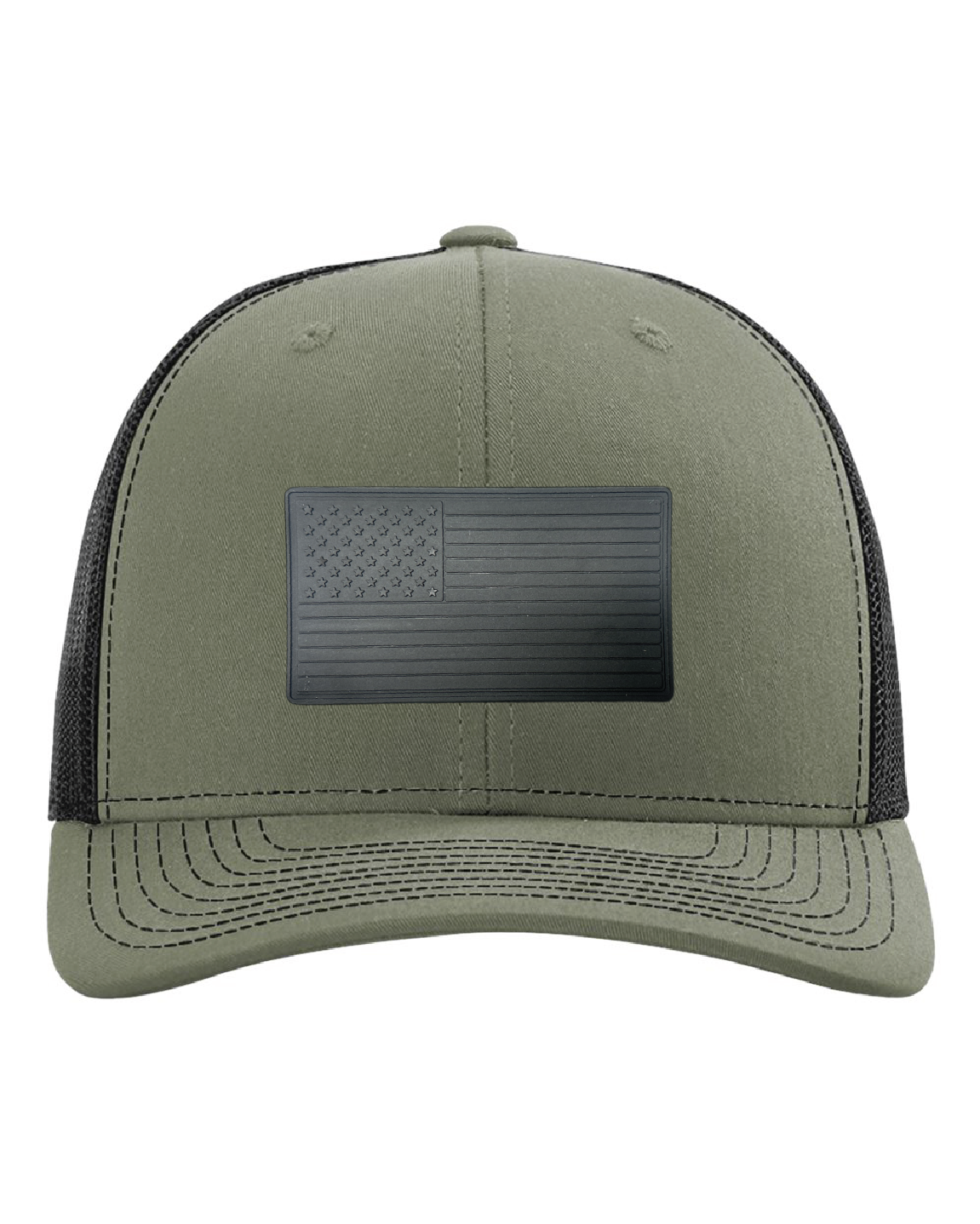 USA Flag Black PVC Patch on a Richardson 112 Trucker Hat