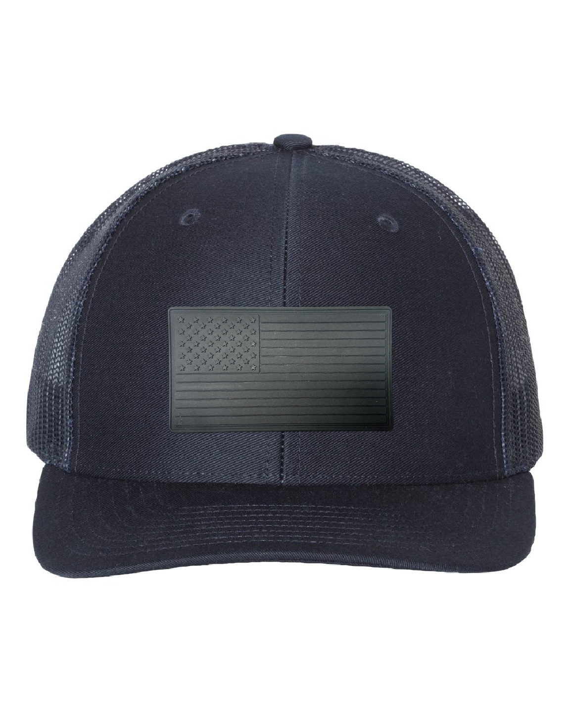 USA Flag Black PVC Patch on a Richardson 112 Trucker Hat