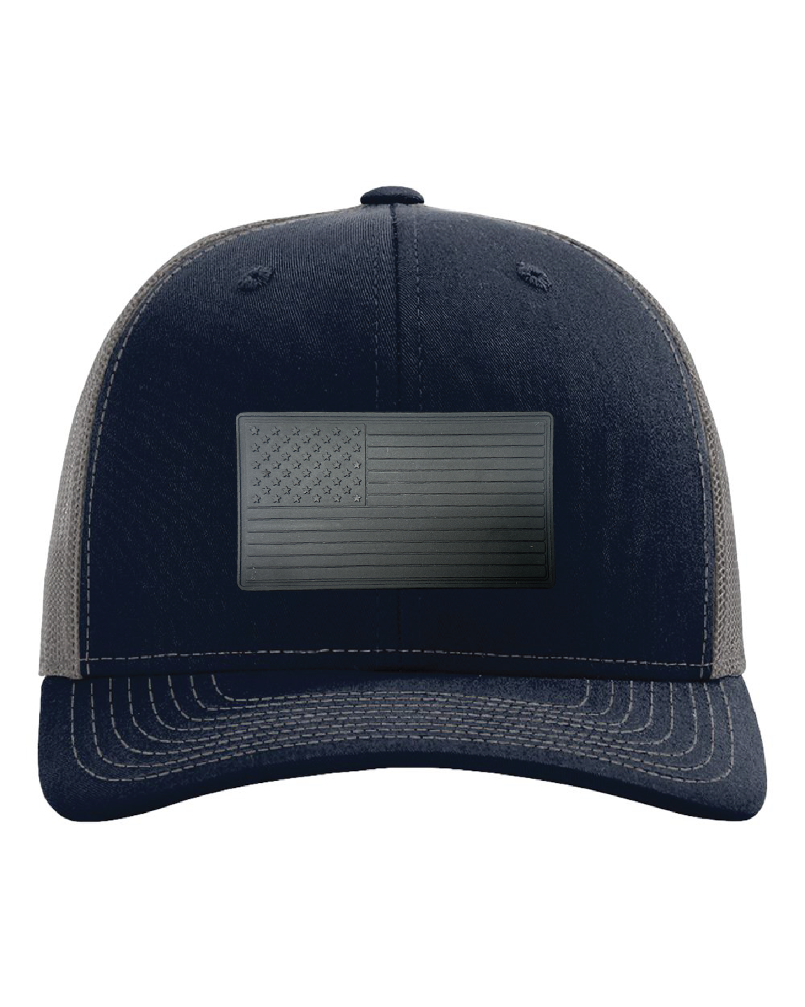 USA Flag Black PVC Patch on a Richardson 112 Trucker Hat
