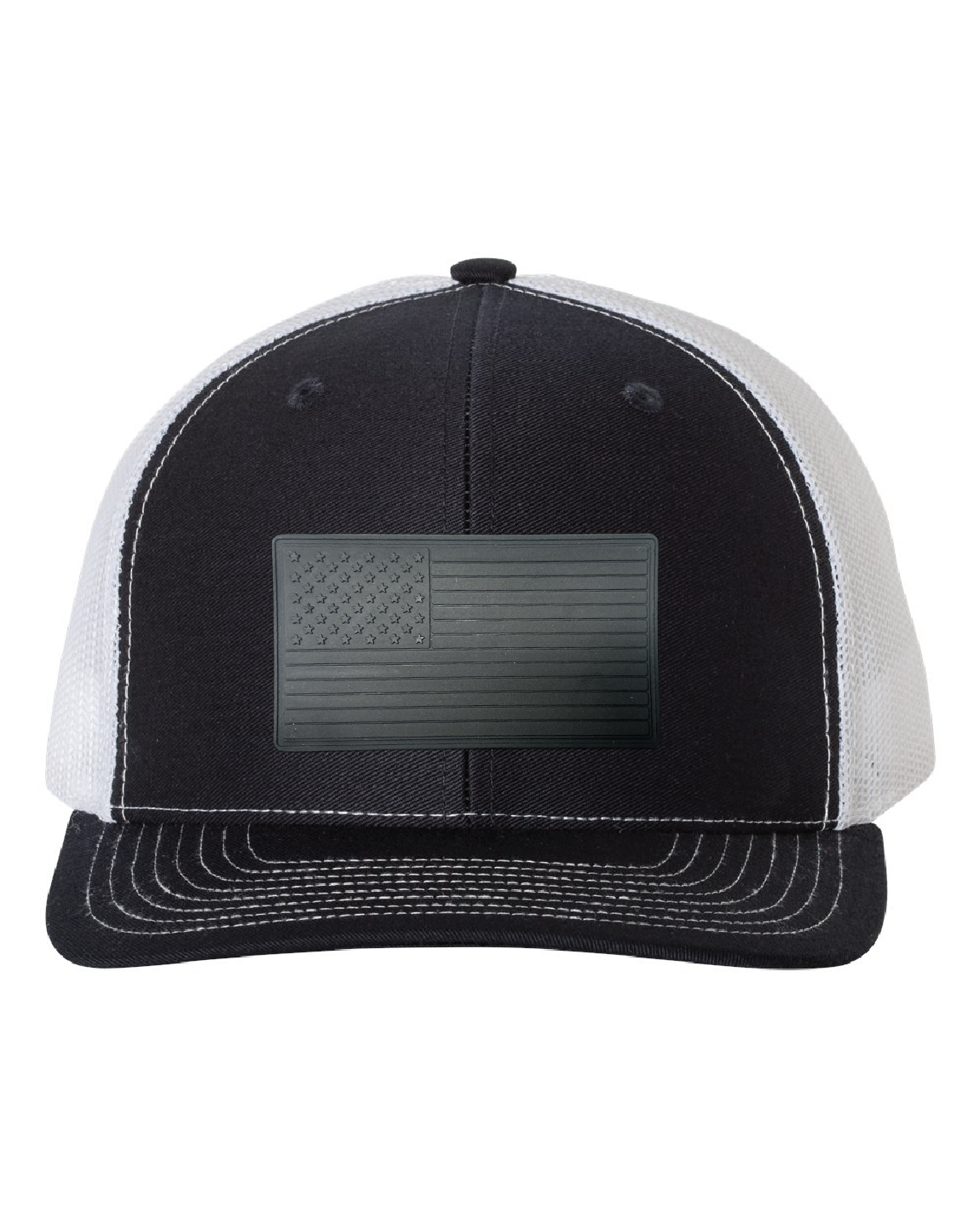 USA Flag Black PVC Patch on a Richardson 112 Trucker Hat