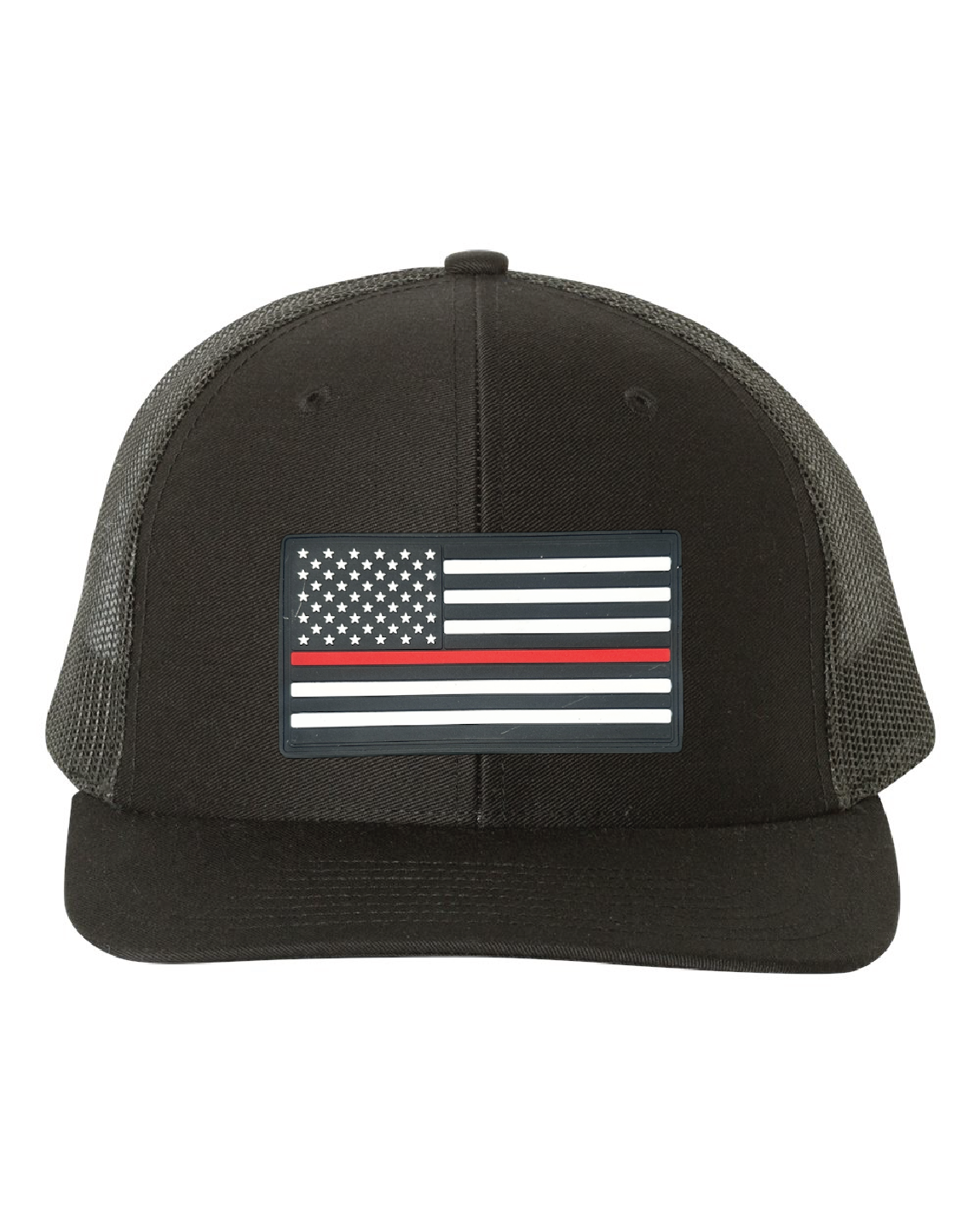 USA Flag Red Line PVC Patch on a Richardson 112 Trucker Hat