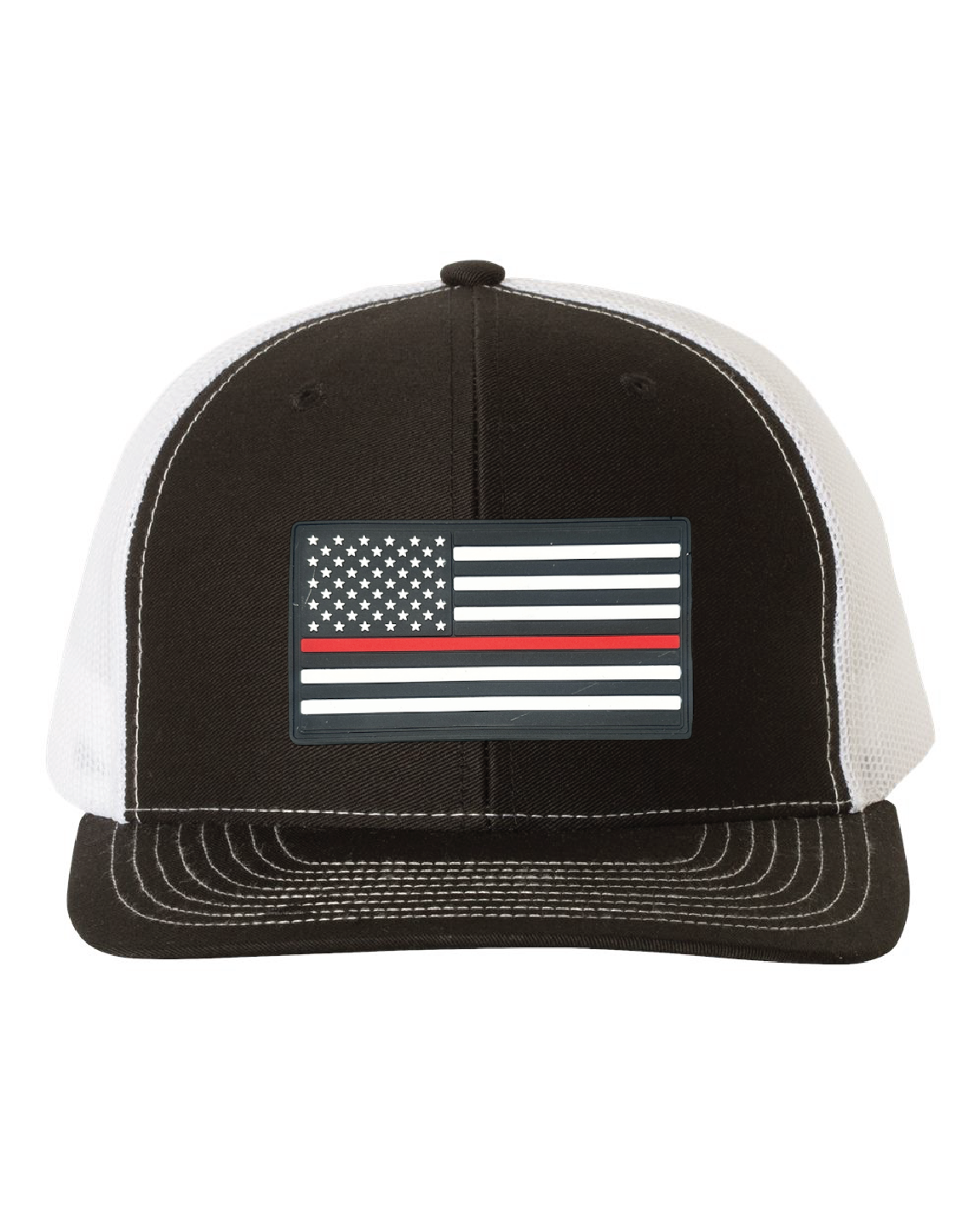 USA Flag Red Line PVC Patch on a Richardson 112 Trucker Hat