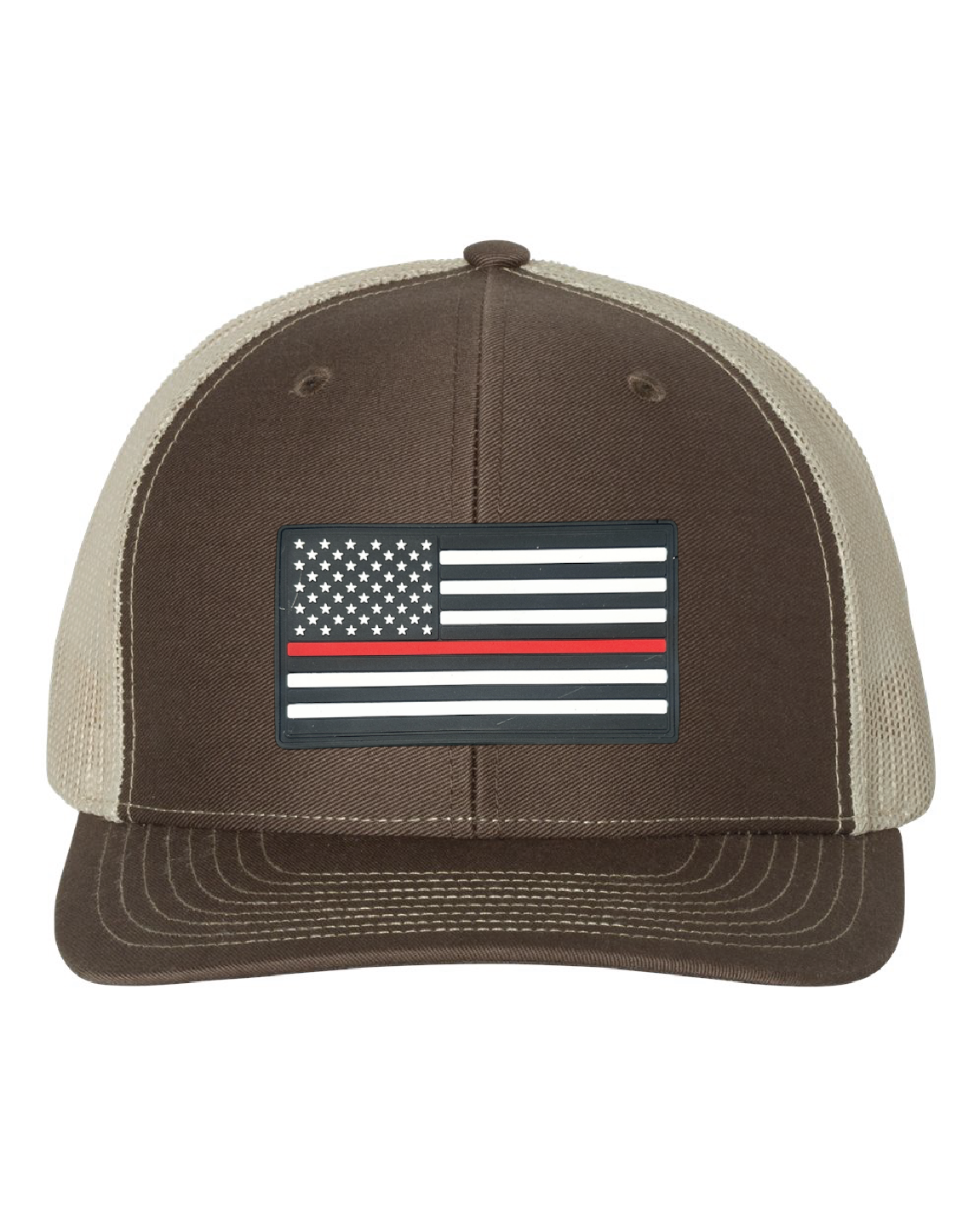USA Flag Red Line PVC Patch on a Richardson 112 Trucker Hat