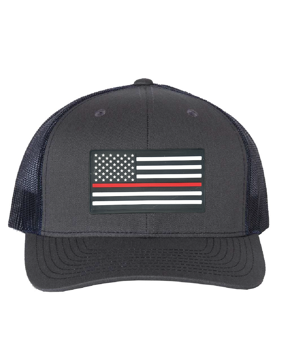 USA Flag Red Line PVC Patch on a Richardson 112 Trucker Hat