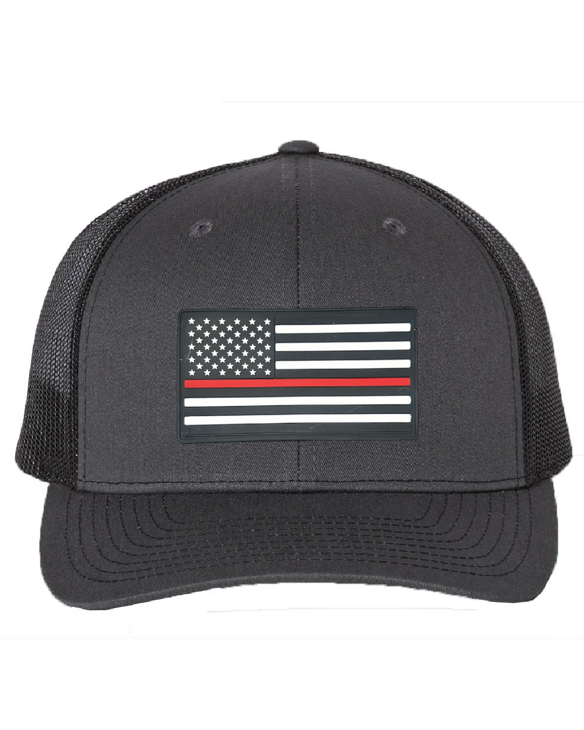 USA Flag Red Line PVC Patch on a Richardson 112 Trucker Hat