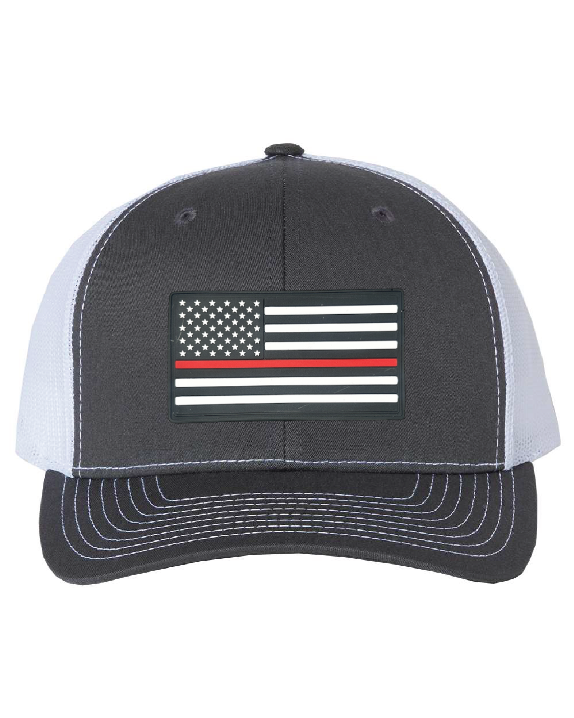 USA Flag Red Line PVC Patch on a Richardson 112 Trucker Hat