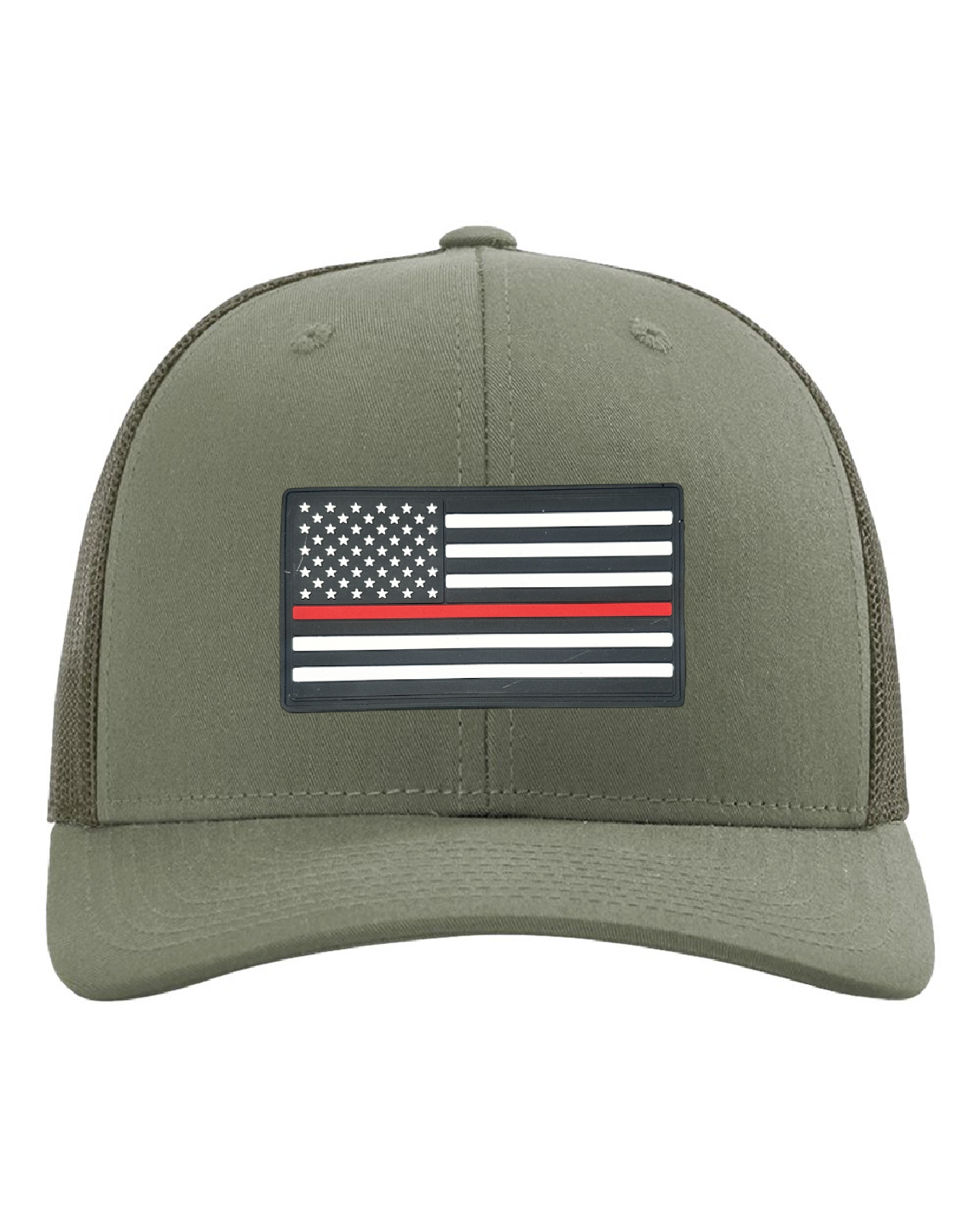 USA Flag Red Line PVC Patch on a Richardson 112 Trucker Hat