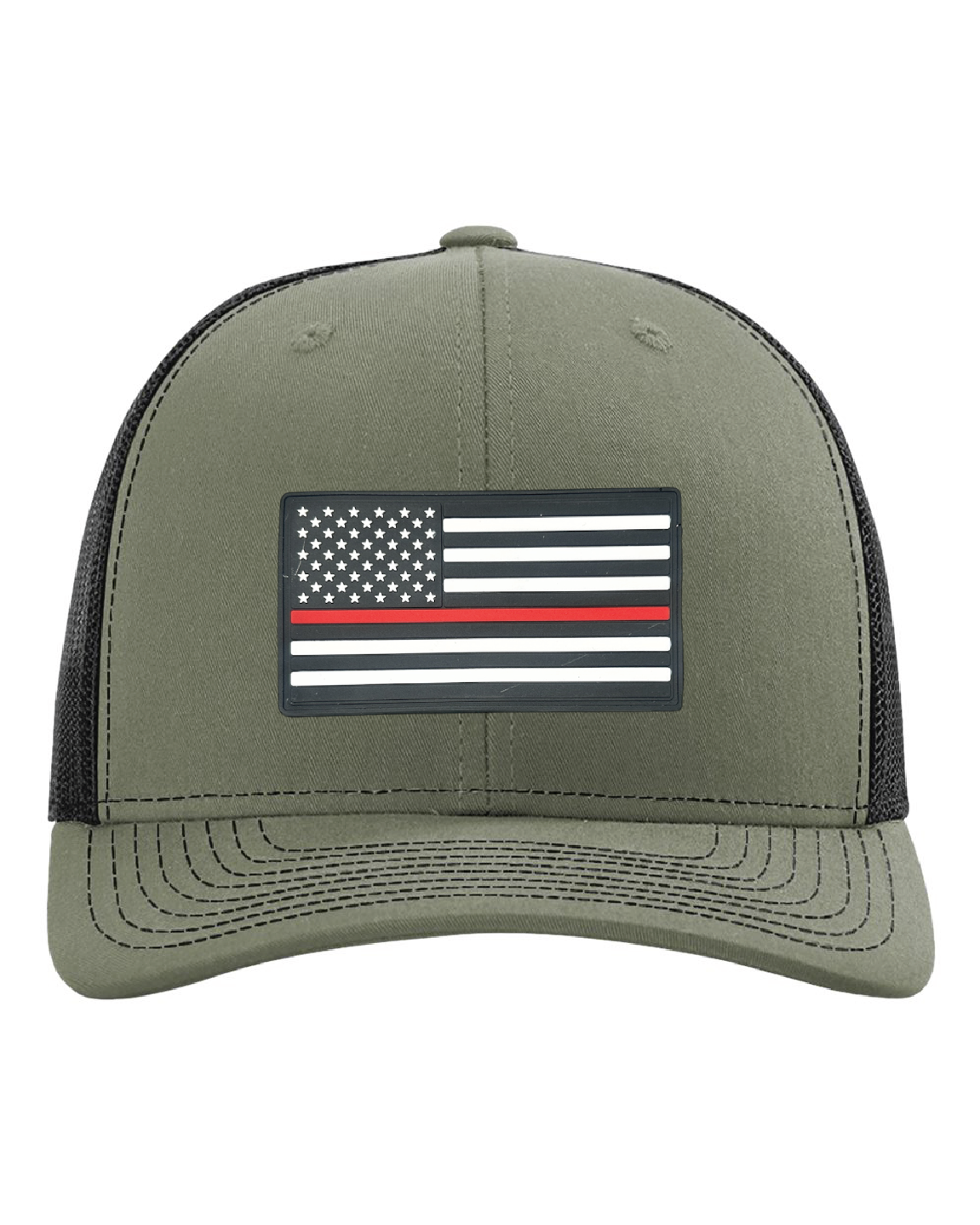 USA Flag Red Line PVC Patch on a Richardson 112 Trucker Hat